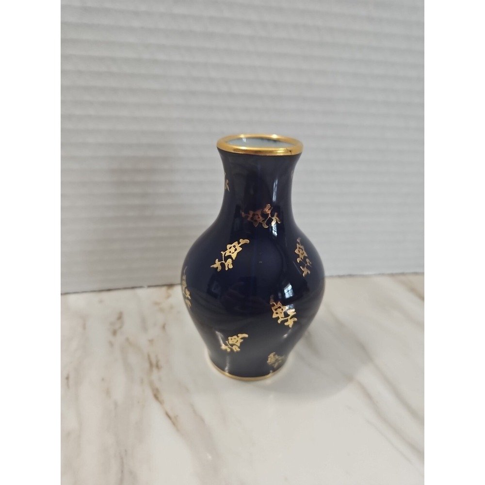 Vintage Limoges Porcelain‎ Miniature Cobalt Blue & Gild Bud Vase Flower Decor